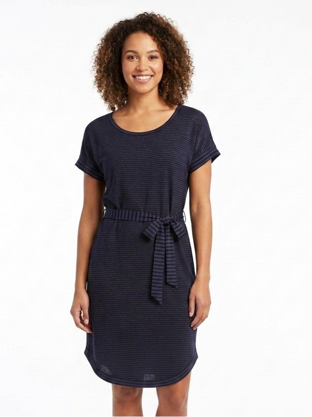 T by Talbots Navy Striped Dress Short Sleeve Tie Waist Curved Hem Shift XL Plus